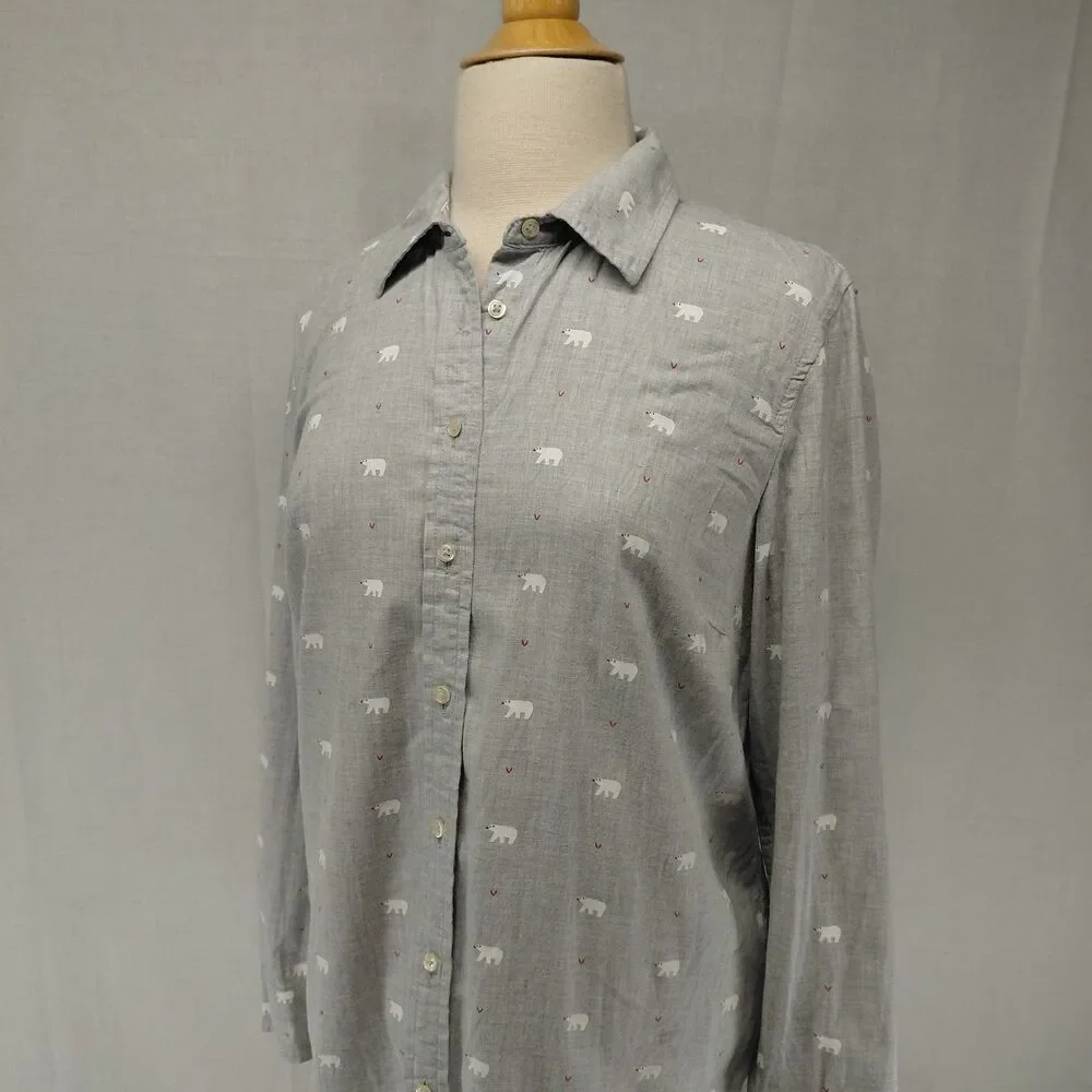 Talbots LS Polar Bear Button-Up Shirt 100% Cotton Light Gray Size Large - Picture 2 of 8
